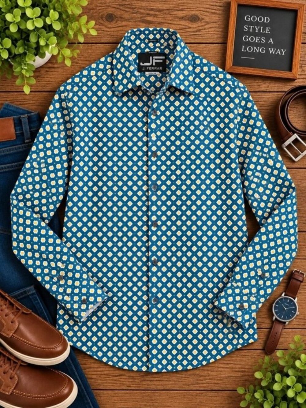 J. Ferrar Men’s Stretch Geometric Button Down Shirt Blue Yellow Size M 15-15½